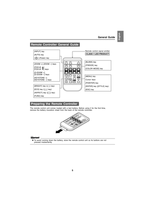 Page 55
General GuideEnglish
The remote control unit comes loaded with a test battery. Before using it for the first time, 
remove the battery insulation sheet from the back of the remote controller.
zTo avoid running down the battery, store the remote control unit so its buttons are not 
pressed inadvertently.
Remote Controller General Guide
Preparing the Remote Controller
[INPUT] key
[AUTO] key
[ ] (Power) key
Remote control signal emitter
[ZOOM +] [ZOOM –] keys
[FOCUS S] 
[FOCUS T] keys
[D-ZOOM +] 
[D-ZOOM...