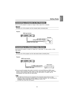 Page 99
Getting ReadyEnglish
You can use the projector to project an image of video output from a computer.
zAlways turn off the projector and the computer before connecting them.
You can use the projector to project an image from a video deck, TV, video camera, or other 
video device.
zAlways turn off the projector and the video device before connecting them.
zYou can use the bundled video cable to connect to a pin jack (RCA) type VIDEO output 
terminal. When connecting a video camera or other video device...