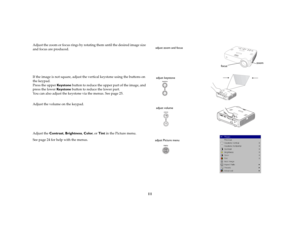 Page 12
11
 Adjust the zoom or focus rings by rotating them until the desired image size 
and focus are produced.
 
 If the image is not square, adjust the  vertical keystone using the buttons on 
the keypad. 
 
Press the upper  Key s t o n e  button to reduce the upper part of the image, and 
press the lower  Key s t o n e  button to reduce the lower part.
 
You can also adjust the ke ystone via the menus. See 
page
 25.
 Adjust the volume on the keypad.
 
      Adjust the Contrast, Brightness , Color , or...