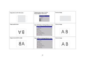 Page 18
17
Image does not fit 16:9 screen
Change aspect ratio to 16:9 in Picture>Aspect ratio menu
Correct image
Image upside down
Turn off Ceiling in Settings>System menu
Correct image
Image reversed left to right
Turn off Rear in Settings>System menu
Correct image 
A
B
AB
A
AB 