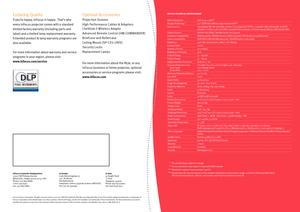 Page 4
   
Enduring Quality
If you’re happy, InFocus is happy.  That’s why 
every InFocus projector comes with a standard 
limited factory warranty (including parts and 
labor) and a limited lamp-replacement warranty. 
Extended product & lamp warranty programs are 
also available. 
For more information about warranty and service 
programs in your region, please visit: 
www.infocus.com/service
Optional Accessories
Projection Screens
High Per formance Cables & Adaptors
LiteShow II Wireless Adapto
Advanced Remote...