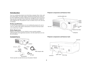 Page 65
IntroductionYour new multimedia projector provides three computer, three video, and 
four audio inputs, one audio output, and RS-232 and Network control. It 
has XGA 1024x768 resolution. Optional user-changeable short, fixed short, 
long and ultra long throw lenses make this a flexible product suitable for 
many different uses. The projector is easy to connect, easy to use, and easy 
to maintain. Product specificationsTo read the latest specifications on your multimedia projector, be sure to 
visit our...