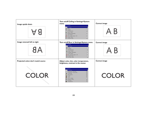 Page 2019
Image upside downTurn on/off Ceiling in Settings>System 
menuCorrect image
Image reversed left to right
Turn on/off Rear in Settings>System menu
Correct image 
Projected colors don’t match source
Adjust color, tint, color temperature, 
brightness, contrast in the menusCorrect image
A
B
AB
A
AB
COLOR
COLOR 