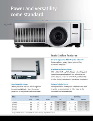 Page 2Installation Features
Easily Change Lamps While Projector is Mounted 
Replacing lamps is easy thanks to the ceiling-
accessible lamp door. 
A Wide Variety of Connections
With 5 BNC, HDMI 1.3, VGA, RS-232, networking, and 
component video all available, the InFocus IN5100 
series features advanced connectivity and flexibility 
to tailor your presentations to your venue or audience.
Assignable Audio Inputs 
The IN5100 series allows you to select an audio input 
to assign to each computer or video input for...