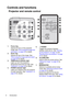 Page 6Introduction 6
Controls and functions
Projector and remote control
1. Focus ring
Adjusts the focus of the projected 
image. See Fine-tuning the image size 
and clarity on page 25 for details.
2. Zoom ring
Adjusts the size of the image. See 
Fine-tuning the image size and clarity 
on page 25 for details.
3. TEMPerature indicator light
Lights up red if the projectors 
temperature becomes too high. See 
Indicators on page 49 for details.
4. POWER indicator light
Lights up or flashes when the projector 
is...