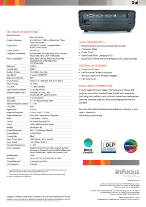 Page 2SHIPS STANDARD WITH:
•	 Wireless	Remote	Control	(including	batteries)
•	 Computer	Cable
•	 Power	Cord
•	 User	Guide	(Multi	Language	CD)
•	 Quick	Start, 	Safety, 	Warranty 	& 	Registration 	Cards 	(printed)
O PTIONAL A CCeSSORI eS
•	 Projection	Screens
•	 Performance	Cables	&	Adaptors
•	 InFocus	LiteShow	II	Wireless	Adaptor
•	 Carrying	Cases
LonG	te RM	CUS toMeR	CAR e
If you’re happy, InFocus is happy.  That’s why every InFocus X16 
projector come with a standard 2-year limited factory warranty...