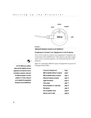 Page 138
Setting up  the P rojector
F
IG U R E 7
Selectin g the Macintosh  co nnectors on  the Cab leWiza rd
Preparing  to Connect Your  Equipment to  the Projector
Now you’re ready to connect your equipment. Computers are 
connected to the CableWizard. Video players and other equip-
ment, such as external speakers, are connected directly to the 
projector.
NOTE: Before you contin ue,
mak e sure the projector and  your
equi pment a re tu rned off. I f you ’re
con nectin g a compu ter, mak e s ure
the distance b...