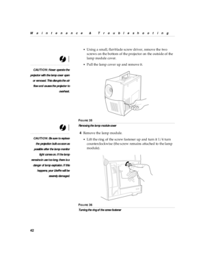 Page 4642
Maintenance & Troubleshooting
•
Using a small, flat-blade screw driver, remove the two 
screws on the bottom of the projector on the outside of the 
lamp module cover.
CAUTI ON: Never operate the
proj ecto r with  th e lamp  cover  open
or rem oved . Th is  dis rupts the a ir
flow a nd  caus es the projector to
overheat.•
Pull the lamp cover up and remove it.
FIG U R E 35
Remo ving the la mp mod ul e cover
CAUTION: B e s ure to repl ace
the projection  bul b a s soo n as
poss ibl e after the la mp mon...