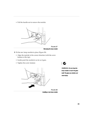 Page 4743
•Pull the handle out to remove the module.
FIGURE 37
Removing the l amp modul e
5Fit the new lamp module in place (Figure 38).
•Align the module in the correct direction (with the screw 
fastener at the top).
•Gently push the module in as far as it goes.
•Tighten the screw fastener.
WARNING: Do not d rop th e 
la mp modu le or touch  the gla ss 
bu lb! Th e gla ss  can s hatter and 
cau se in jury.
F
IGURE 38
In stal lin g a new l amp modul e 