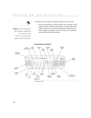 Page 1414
Setting up the projector
3-
#	?

	
 
F.


	
	?
#



E



	
	 @	


			?




 
Connecting a Computer
FIGURE 1
Connector Panel
NOTE: If you are connecting an
older Macintosh computer that
does not have a 15-pin
connector, you...