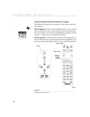 Page 2222
Using The Projector
Using the Keypad and Remote Buttons to navigate
6#	
	?
	

 
On the keypadA

	


 




	






