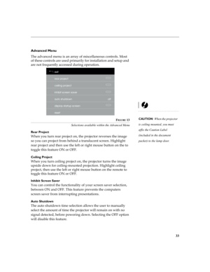 Page 3333
Advanced Menu








 -

	




	



	
 
FIGURE 13
Selections available within the Advanced Menu
Rear Project
6
	?	?



	?


 >

	?



, 
Ceiling Project...