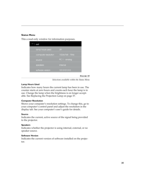 Page 3535
Status Menu


!

		 
FIGURE 15
Selections available within the Status Menu
Lamp Hours Used
%



	
 


E


	
 

	
	!

 	
=?0
		
)5 
Computer Resolution

	G 


	G	


?...