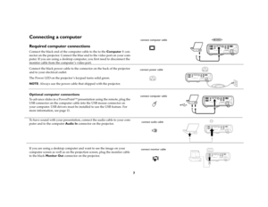 Page 77
Connecting a computerRequired computer connectionsConnect the black end of the computer cable to the to the Computer 1 con-
nector on the projector. Connect the blue end to the video port on your com-
puter. If you are using a desktop computer, you first need to disconnect the 
monitor cable from the computer ’s video port. 
Connect the black power cable to the connector on the back of the projector 
and to your electrical outlet.
The Power LED on the projector ’s keypad turns solid green.
NOTE: Always...