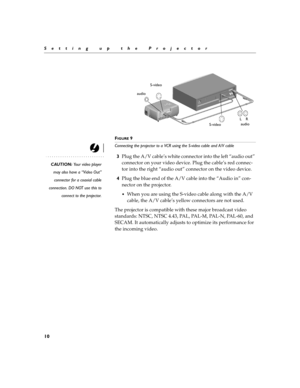 Page 2410
Setting up the Projector
F
IGURE 9
Connecting the projector to a VCR using the S-video cable and A/V cable
CAUTION: Your video player
may also have a “Video Out”
connector for a coaxial cable
connection. DO NOT use this to
connect to the projector.
3Plug the A/V cable’s white connector into the left “audio out” 
connector on your video device. Plug the cable’s red connec-
tor into the right “audio out” connector on the video device.
4Plug the blue end of the A/V cable into the “Audio in” con-
nector...