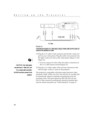 Page 2414
Setting up the Projector
F
IGURE 12
Connecting the projector to a video player using an S-video cable and the audio con-
nectors on the standard A/V cable
4Plug the A/V cable’s white connector into the left “audio out” 
port on your video player. Plug the cable’s red connector into 
the right “audio out” port on the video player (Figure 11 and 
Figure 12).
CAUTION: Your video player
may also have a “Video Out” port
for a coaxial cable connection.
DO NOT use this to connect to the
projector.•
If you’re...