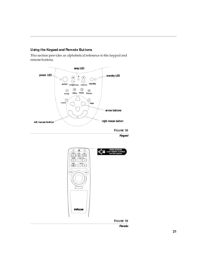 Page 3221
Using the Keypad and Remote Buttons
This section provides an alphabetical reference to the keypad and 
remote buttons.
FIGURE 18
Keypad
F
IGURE 19
Remote
power LEDlamp LED
standby LED
right mouse button
left mouse button
arrow buttons 