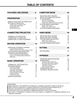 Page 55
TABLE OF CONTENTS
FEATURES AND DESIGN 6
BEFORE OPERATION 14COMPUTER MODE 22
VIDEO MODE 30
SETTING 35
APPENDIX 37 PREPARATION 7
NAME OF EACH PART OF PROJECTOR 7
SETTING-UP PROJECTOR 8
CONNECTING AC POWER CORD 8
POSITIONING PROJECTOR 9
ADJUSTABLE FEET 10
MOVING PROJECTOR 10
CONNECTING PROJECTOR 11
TERMINALS OF PROJECTOR 11
CONNECTING TO COMPUTER 12
CONNECTING TO VIDEO EQUIPMENT 13
OPERATION OF REMOTE CONTROL 14
LASER POINTER FUNCTION 14
REMOTE CONTROL BATTERIES INSTALLATION 15
TOP CONTROLS AND INDICATORS...