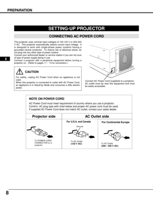 Page 88
PREPARATION
SETTING-UP PROJECTOR
This projector uses nominal input voltages of 100-120 V or 200-240
V AC.  This projector automatically selects correct input voltage.  It
is designed to work with single-phase power systems having a
grounded neutral conductor.  To reduce risk of electrical shock, do
not plug into any other type of power system.
Consult your authorized dealer or service station if you are not sure
of type of power supply being in use.
Connect a projector with a peripheral equipment...