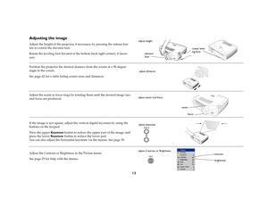 Page 1412
Adjusting the imageAdjust the height of the projector, if necessary, by pressing the release but-
ton to extend the elevator foot. 
Rotate the leveling foot (located at the bottom back right corner), if neces-
sary.
Position the projector the desired distance from the screen at a 90 degree 
angle to the screen. 
See page 42 for a table listing screen sizes and distances.
Adjust the zoom or focus rings by rotating them until the desired image size 
and focus are produced.
If the image is not square,...