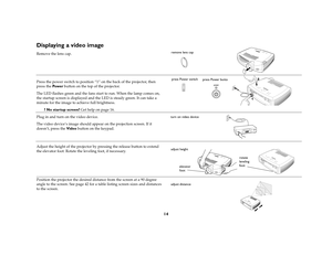 Page 1614
Displaying a video imageRemove the lens cap. 
Press the power switch to position “1” on the back of the projector, then 
press the Powe r button on the top of the projector.
The LED flashes green and the fans start to run. When the lamp comes on, 
the startup screen is displayed and the LED is steady green. It can take a 
minute for the image to achieve full brightness. 
? No startup screen? Get help on page 16.
Plug in and turn on the video device.
The video device’s image should appear on the...