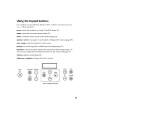 Page 2624
Using the keypad buttonsMost buttons are described in detail in other sections, but here is an over-
view of their functions:
power–turns the projector on (page 9) and off (page 14).
menu–opens the on-screen menus (page 29).
select–confirms choices made in the menus (page 29).
up/down arrows–navigates to and adjusts settings in the menus (page 29).
auto image–resets the projector to the source.
presets–cycles through the available preset settings (page 31).
keystone–vertical keystone adjusts the...