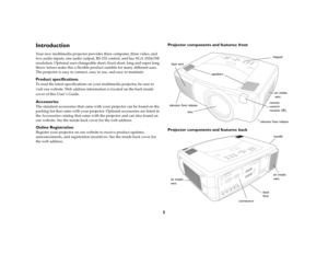 Page 55
IntroductionYour new multimedia projector provides three computer, three video, and 
two audio inputs, one audio output, RS-232 control, and has XGA 1024x768 
resolution. Optional user-changeable short, fixed short, long and super long 
throw lenses make this a flexible product suitable for many different uses. 
The projector is easy to connect, easy to use, and easy to maintain. Product specificationsTo read the latest specifications on your multimedia projector, be sure to 
visit our website. Web...