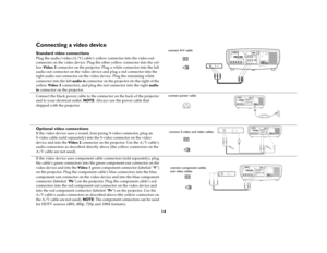 Page 1414
Connecting a video device Standard video connectionsPlug the audio/video (A/V) cable’s yellow connector into the video-out 
connector on the video device. Plug the other yellow connector into the yel-
low Video 3 connector on the projector. Plug a white connector into the left 
audio out connector on the video device and plug a red connector into the 
right audio out connector on the video device. Plug the remaining white 
connector into the left audio in connector on the projector (to the right of...