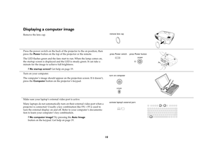 Page 1010
Displaying a computer image Remove the lens cap.
Press the power switch on the back of the projector to the on position, then 
press the Pow e r button on the top of the projector or the remote.
The LED flashes green and the fans start to run. When the lamp comes on, 
the startup screen is displayed and the LED is steady green. It can take a 
minute for the image to achieve full brightness. 
? No startup screen? Get help on page 19. 
Turn on your computer.
The computer ’s image should appear on the...