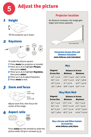 Page 55
Adjust the picture
Height1
Keystone2
Zoom and focus3
Aspect ratio4
zoom
(outer ring)
focus
(inner ring)
Tilt the projector up or down.
Press menu(on projector or remote).
Press      or      to highlightPicture,
then press select.
Press      or      to highlightKeystone,
then press select.
Press      or      to adjust keystone.
Press menuto exit.
Adjust zoom first, then focus the 
center of the image.
Press resize(on the remote) to make the 
picture wider (16:9) or narrower (4:3).
1
2
3
4
5
To make the...