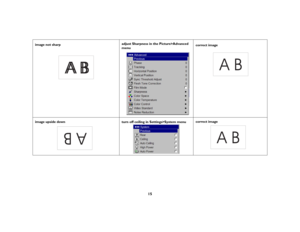 Page 16
15
image not sharp
adjust Sharpness in the Picture>Advanced menu
correct image
image upside down
turn off ceiling in Settings>System menu
correct image
ABAB
AB
AB
AB 