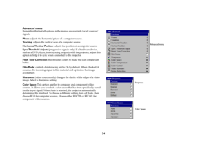 Page 2524
Advanced menuRemember that not all options in the menus are available for all sources/
signals. Phase: adjusts the horizontal phase of a computer source.Tr a c k i n g: adjusts the vertical scan of a computer source.Horizontal/Vertical Position: adjusts the position of a computer source.Sync Threshold Adjust: (progressive signals only) If a hardware device, 
such as a DVD player, is not syncing properly with the projector, adjust this 
option to help it to sync when connected to the projector. Flesh...