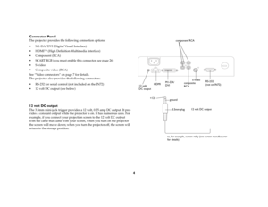 Page 54
Connector PanelThe projector provides the following connection options:  M1-DA/DVI (Digital Visual Interface)  HDMI™ (High Definition Multimedia Interface) Component (RCA) SCART RGB (you must enable this connector, see 
page
 26)
S-video Composite video (RCA)See 
“Video connectors” on page
 7 for details.
 
The projector also provides the following connectors: RS-232 for serial control (not included on the IN72) 12 volt DC output (see below)   12 volt DC outputThe 3.5mm mini-jack trigger...