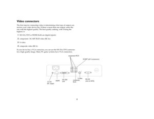 Page 87
Video connectorsThe first step for connecting video is determining what type of output con
-
nectors your video device has. If there is more than one output, select the 
one with the highest quality. The best quality ranking, with 1 being the 
highest, is:1
M1-DA/DVI or HDMI (both are digital inputs)
2
component /SCART RGB video (RCAs)
3
S-video 
4
composite video (RCA)
If your device has a VGA connector, you can use the M1-DA/DVI connector 
for a high quality image. Many PC game systems have VGA...