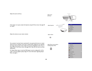 Page 1110
 Adjust the zoom and focus. If the image is not square, adjust the keystone using the Picture menu. See 
page
 20 
for details.Adjust the volume on your stereo receiver. Your projector has been factory optimized for very good performance no matter 
what the source. However, if you wish to make further changes you can optimize 
the image using onscreen menus. Adjust the Contrast, Brightness, Color, Tint, or 
Aspect Ratio in the Picture menu. See 
page
 20 for help with the menus and these...
