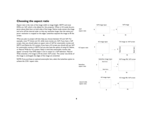 Page 76
Choosing the aspect ratioAspect ratio is the ratio of the image width to image height. HDTV and most 
DVDs are 16:9, which is the default for this projector. When in 4:3 mode the pro
-
jector places black bars on both sides of the image. Native mode centers the image 
and turns off the internal scaler so that any resolution larger than the native pro
-
jector resolution is cropped on the edges. Letterbox expands the image to fill the 
screen.What you plan to project will also help you choose between...