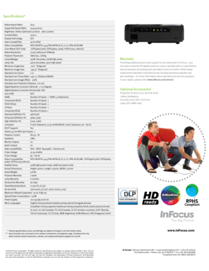 Page 2©2008  InFocus  Corporation.  All  rights  reserved.  Specifications  are  subject  to  change  without  fur ther  notice.  InFocus 
and InFocus The Big Picture are either trademarks or registered trademarks of InFocus Corporation in the United States 
and  other  countries.  DLP,  the  DLP  logo,  and  the  DLP  medallion  are  trademarks  of  Texas  Instruments.  All  trademarks 
are  used  with  permission  or  are  for  identification  purposes  only  and  are  the  proper ty  of  their  respective...