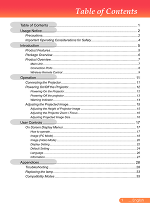 Page 2
... English
Table of Contents
Table of Contents ........................................................................\
.................
Usage Notice  ........................................................................\
........................2
Precautions........................................................................\
...................................2
Important Operating Considerations for Safety  ....................................................4...