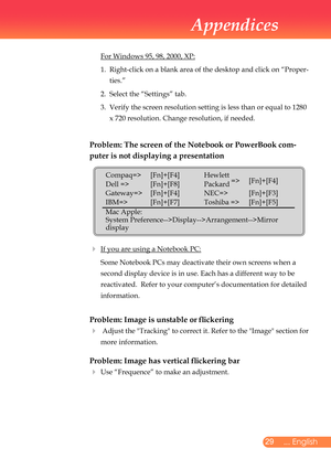 Page 30
2... English

Appendices

	For	Windows	95,	98,	2000,	XP:
	 1.	 	
Right-click	on	a	blank	area	of	the	desktop	and	click	on	“Proper
-
ties.”
	 2.	 Select	the	“Settings”	tab.	
	 3.	 	 Verify	the	screen	resolution	setting	is	less	than	or	equal	to	1280	
x	720	resolution.	Change	resolution,	if	needed.
Problem: The screen of the Notebook or PowerBook com-
puter is not displaying a presentation
	If	you	are	using	a	Notebook	PC:
	 	 Some	Notebook	PCs	may	deactivate	their	own	screens	when	a	
second	display...