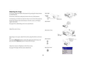 Page 1312
Adjusting the imageIf necessary, adjust the height of the projector by pressing the release button 
to extend the foot. 
If necessary, rotate the leveling foot located at the rear of the projector.
Avoid placing your hands near the hot exhaust vent in front of the projector.
Position the projector the desired distance from the screen at a 90 degree 
angle to the screen. 
See page 43 for a table listing screen sizes and distances.
Adjust the zoom or focus.
If the image is not square, adjust the...