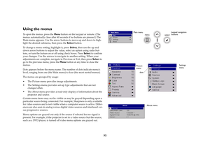 Page 3332
Using the menusTo open the menus, press the Menu button on the keypad or remote. (The 
menus automatically close after 60 seconds if no buttons are pressed.) The 
Main menu appears. Use the arrow buttons to move up and down to high-
light the desired submenu, then press the Select button. 
To change a menu setting, highlight it, press Select, then use the up and 
down arrow buttons to adjust the value, select an option using radio but-
tons, or turn the feature on or off using check boxes. Press...