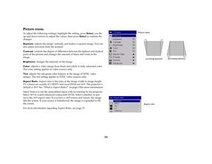 Page 3433
Picture menuTo adjust the following settings, highlight the setting, press Select, use the 
up and down arrows to adjust the values, then press Select to confirm the 
changes.
Key s t o n e: adjusts the image vertically and makes a squarer image. You can 
also adjust keystone from the keypad.
Contrast: controls the degree of difference between the lightest and darkest 
parts of the picture and changes the amount of black and white in the 
image.
Brightness: changes the intensity of the image.
Color:...