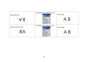 Page 1816
Image upside downTurn off Ceiling in Settings>System menu
Correct image
Image reversed left to rightTurn off Rear in Settings>System menu
Correct image 
A
B
AB
A
AB 