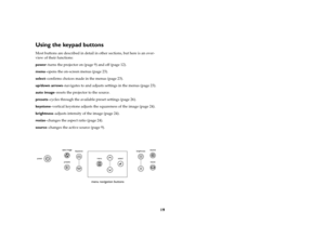 Page 2119
Using the keypad buttonsMost buttons are described in detail in other sections, but here is an over-
view of their functions:
power–turns the projector on (page 9) and off (page 12).
menu–opens the on-screen menus (page 23).
select–confirms choices made in the menus (page 23).
up/down arrows–navigates to and adjusts settings in the menus (page 23).
auto image–resets the projector to the source.
presets–cycles through the available preset settings (page 26).
keystone–vertical keystone adjusts the...