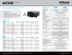 Page 1in 5540
www.infocus.com©2012 InFocus Corporation. All rights reserved. Specifications are subject to change without further notice. InFocus and InFocus Bright Ideas Made Brilliant are either trademarks 
or registered trademarks of InFocus Corporation in the United States and other countries. All trademarks are used with permission or are for identification purposes only and are 
the property of their respective companies. InFocus_IN5540_Series_DS_1PG_EN_31MAR12.
Specifications*in 5542in 5544
3000 hours...