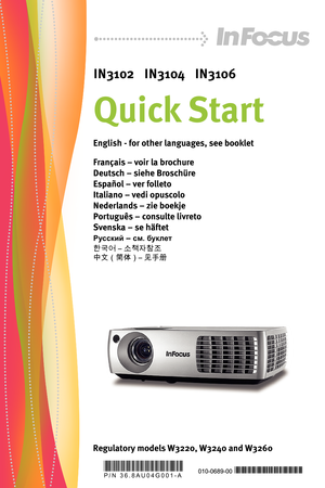 Page 1
IN3102   IN3104   IN3106
Quick Start
Regulatory models W3220, W3240 and W3260

English - for other languages, see booklet
Français – voir la brochure
Deutsch – siehe Broschüre
Español – ver folleto
Italiano – vedi opuscolo
Nederlands – zie boekje
Português – consulte livreto
Svenska – se häftet
Русский – см. буклет
한국어 – 소책자참조
中文（简体）– 见手册

P/N 36.8AU04G001-A 