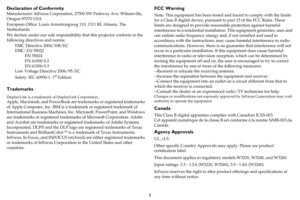 Page 21
Declaration of Conformity
Manufacturer: InFocus Corporation, 27500 SW Parkway Ave. Wilsonville, 
Oregon 97070 USA
European Office: Louis Armstrongweg 110, 1311 RL Almere, The 
Netherlands
We declare under our sole responsibility that this projector conform to the 
following directives and norms:
EMC Directive 2004/108/EC
EMC: EN 55022
EN 55024
EN 61000-3-2
EN 61000-3-3
Low Voltage Directive 2006/95/EC
Safety: IEC 60950-1: 1st Edition
Trademarks
DisplayLink is a trademark of DisplayLink Corporation....