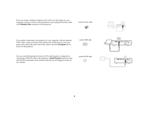 Page 7
6
If you are using a desktop computer and want to see the image on your 
computer screen as well as on the pr ojection screen, plug the monitor cable 
to the  Monitor Out  connector on the projector. If you prefer connecting your projector to your computer with an optional 
VESA cable, connect one end of the  cable to the VESA port on your com
-
puter, and connect the other end of the cable to the blue Computer 2 con
-
nector on the projector. You can control the projector from an LCD control panel or...