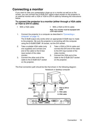 Page 15Connection 15
Connecting a monitor
If you want to view your presentation close-up on a monitor as well as on the 
screen, you can connect the D-SUB OUT signal output socket on the projector to 
an external monitor with a VGA or VGA to DVI-A cable by following the instructions 
below.
To connect the projector to a monitor (either through a VGA cable 
or VGA to DVI-A cable):
The final connection path should be like that shown in the following diagram:• With a VGA cable: • With a VGA to DVI-A cable:
Note:...