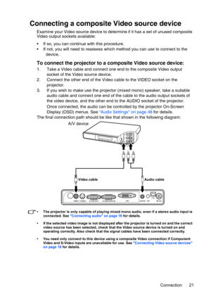 Page 21Connection 21
Connecting a composite Video source device
Examine your Video source device to determine if it has a set of unused composite 
Video output sockets available: 
• If so, you can continue with this procedure.
• If not, you will need to reassess which method you can use to connect to the 
device.
To connect the projector to a composite Video source device:
1. Take a Video cable and connect one end to the composite Video output 
socket of the Video source device.
2. Connect the other end of the...